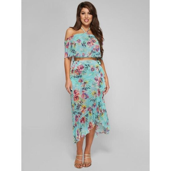 NWT  Marciano Paloma floral turquoise Ruffle Midi Skirt S (match top listed too) - Picture 6 of 15